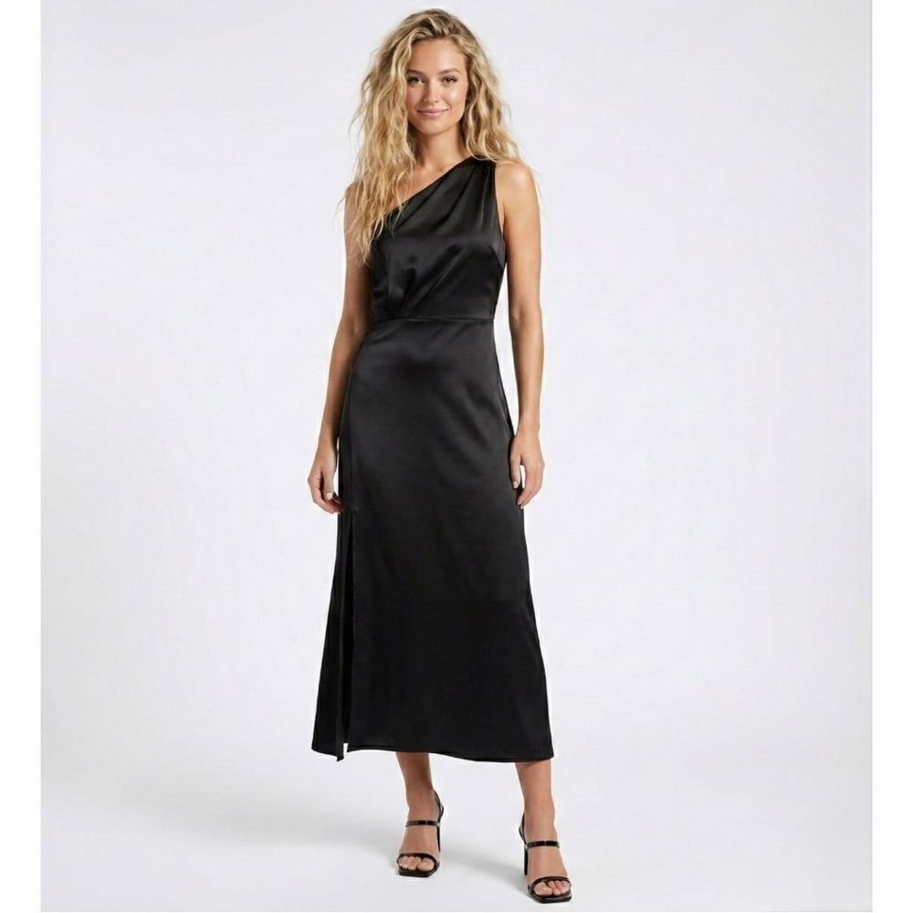 Rachel Parcell One Shoulder Satin Dress 12 Black Midi Formal Wedding Guest NWT